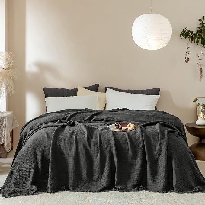 Muslin Fringe Blankets for Adults: 100% Cotton Cloud Soft | 4-Layer Gauze Breathable Lightweight All Season Throw Blanket for Bed Couch Sofa Office