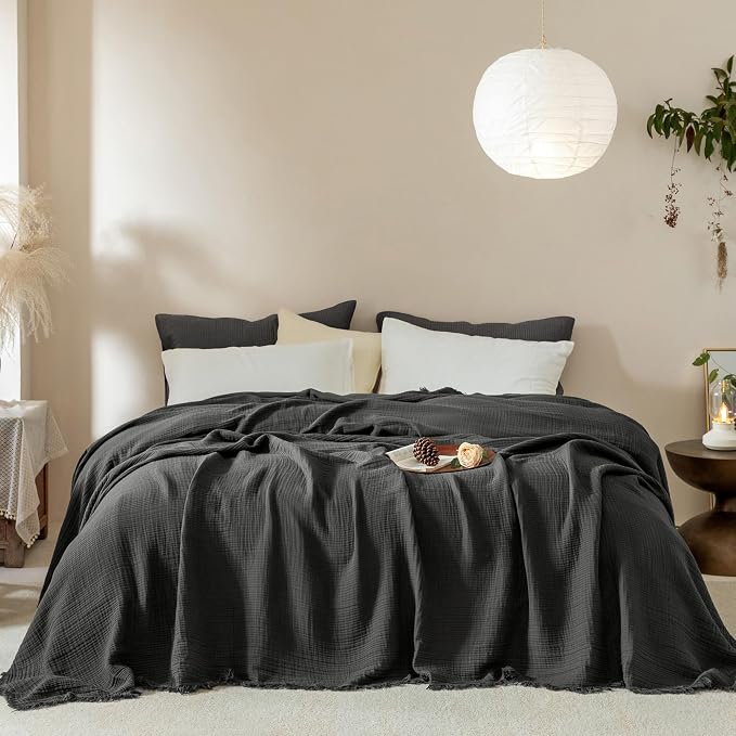 Muslin Fringe Blankets for Adults: 100% Cotton Cloud Soft | 4-Layer Gauze Breathable Lightweight All Season Throw Blanket for Bed Couch Sofa Office