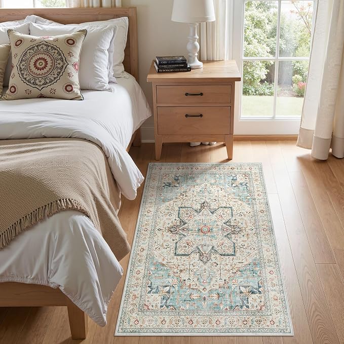 Tortania Area Rug Living Room Rugs - 3x5 Washable Rug Vintage Oriental Distressed Farmhouse Small Thin Indoor Carpet for Living Room Bedroom Under Dining Table Home Office - Aqua Multi