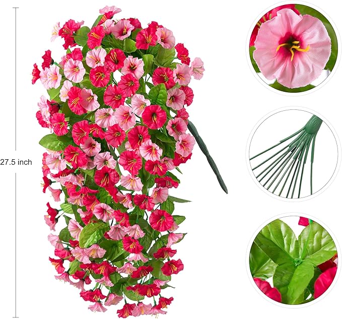 INXUGAO Artificial Fake Hanging Flowers Plants for Outdoor Decoration, 2PCS Faux Silk Morning Glory Long Vines Stems UV Resistant Look Real for Spring Summer Outside Home Porch Patio, Red Pink
