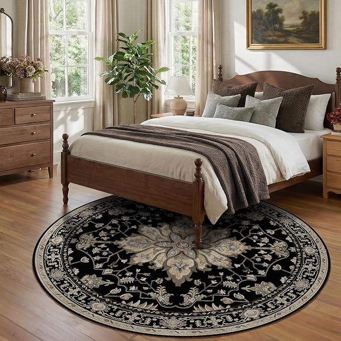 RELEANY Area Rugs 8ft Washable Non-Slip, Floral Vintage Distress Print Pattern Medallion Carpet for Living Room Bedroom Dining Room, Black Brown Neutral Dark Tan