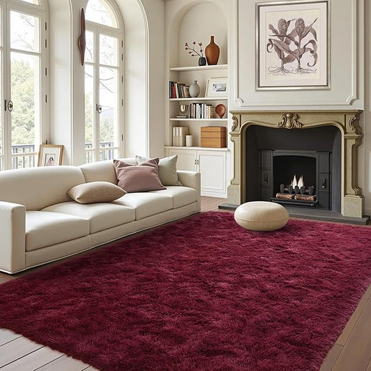 FinRèc Red Rug for Living Room Bedroom, 4x6 Feet Fluffy Shag Area Rug, Non-Slip Plush Fuzzy Rugs for Nursery Kids Room Dorm Room Home Decor, Indoor Furry Floor Carpet