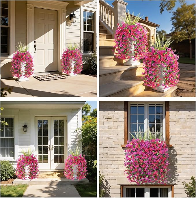 Artificial Fake Flowers Plants for Outdoor Decoration,3 Pcs Faux Hanging Flowers with Boston Ferns Spring Summer Decor,UV Resistant Realistic Fake Silk Flowers for Planter Balcony Yard Porch Garden