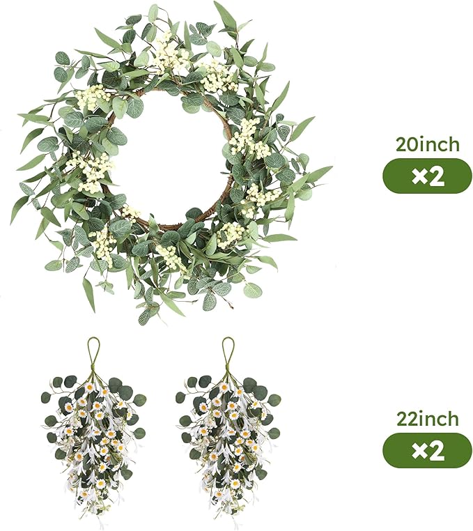 Pinkpum 20'' Eucalyptus Wreath 22'' Daisy Teardrop Swags Set 4 for Front Door Fireplace Hanging Porch Wall Home Window Kitchen Decor Farmhouse Garden Party Indoor Outdoor Summer Spring Fall