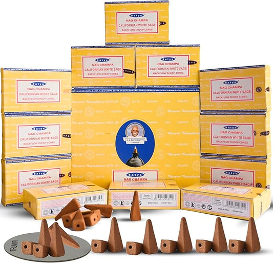 Californian White Sage Backflow Incense Cones for Waterfall Aromatic Smoke Fountain Haze Falls and Mat Bundle - Pack of 12