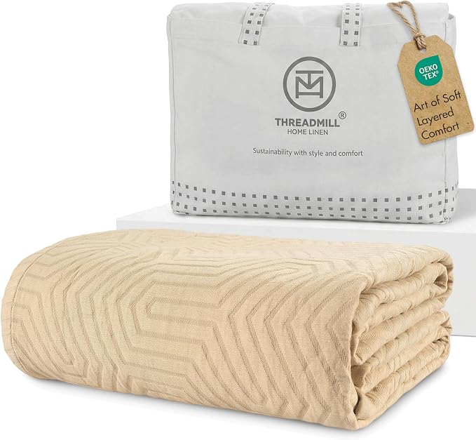Threadmill Luxury Cotton Blankets for Twin Size Bed | All-Season 100% Cotton Twin Blanket for Bed | Aster Jacquard Lightweight, Soft & Cozy Coverlet, 350GSM, 68 x 90 inches | Beige