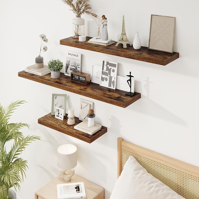 Marsmiles 32in Floating Shelves for Wall, 32" W x 9.25" D x 1.25" H, 2 Pack Long Wall Mounted Engineered Wood Shelves with Invisible Brackets for Living Room, Bedroom, Bathroom, Kitchen, Rustic Brown