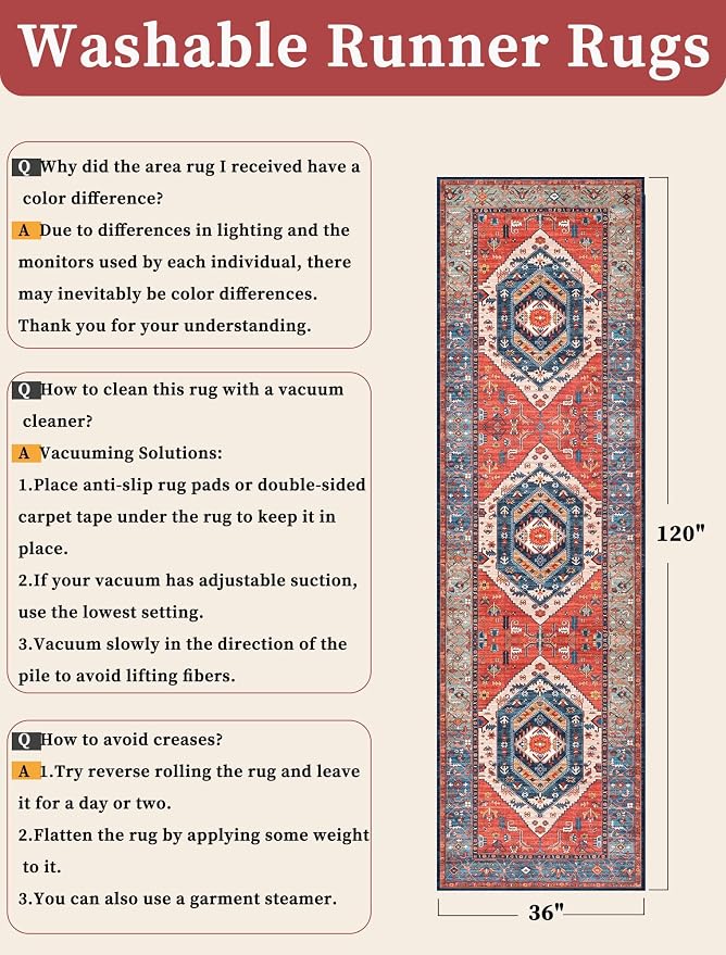 SERISSA Runner Rug for Hallways, 3x10 Washable Non Slip Kitchen Runner Rug, Long Boho Rug Vintage Rust Hallway Stair Ultra Soft Print Floor Carpet for Bedroom Bathroom Laundry Room