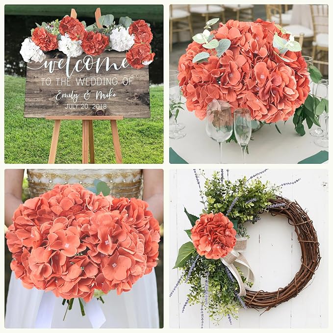 AVIVIHO 65pcs Fake Flowers Burnt Orange Hydrangea Artificial Flowers Bulk (Not Squished, No Steaming Need) Silk Flowers with Stems for Wedding Decor,Home,Baby Shower,Table Centerpieces Decoration