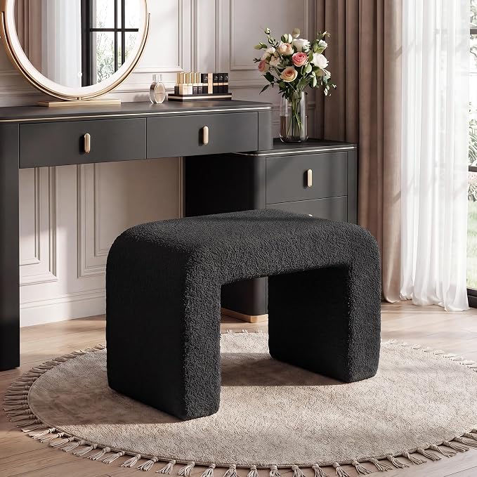 Tribesigns Set of 2 Modern Vanity Stool, Sherpa Upholstered Foot Stool Ottoman, Large Foot Rest for Couch, Shoe Bench for Entryway, Extra Seating for Living Room, Bedroom, No Assembly, Black