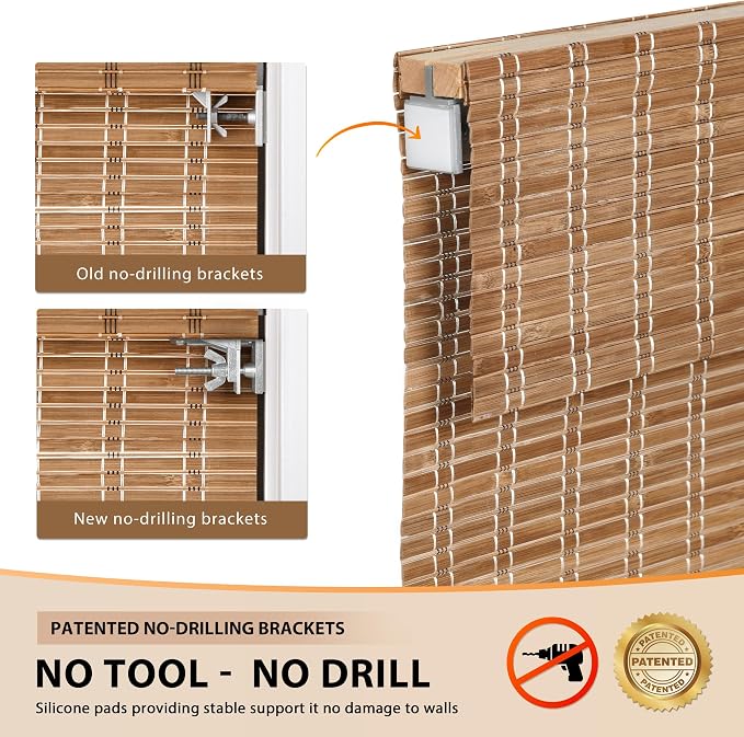 LazBlinds No Tools No Drill Cordless Bamboo Roman Shades, Light Filtering Window Treatment, Roll Up Bamboo Blinds for Windows 32'' W x 64'' H, Brown