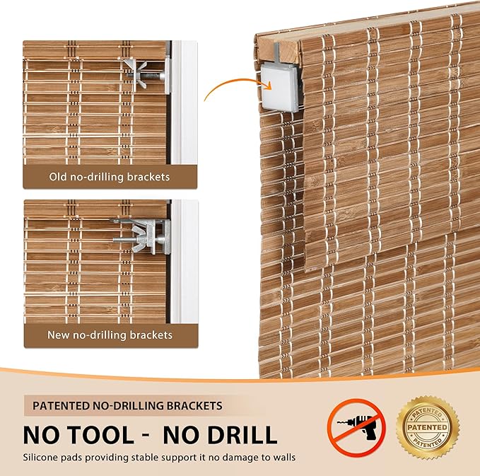 LazBlinds No Tools No Drill Cordless Bamboo Roman Shades, Light Filtering Window Treatment, Roll Up Bamboo Blinds for Windows 22'' W x 48'' H, Brown