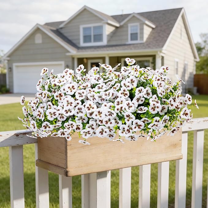 24 Pcs Artificial Fake Pansy Flowers for Outdoor,Faux Silk Plants Flowers UV Resistant Pansies Spring Flowers for Planter Front Door Porch Yard Patio Garden Window Box Home Decor(White)