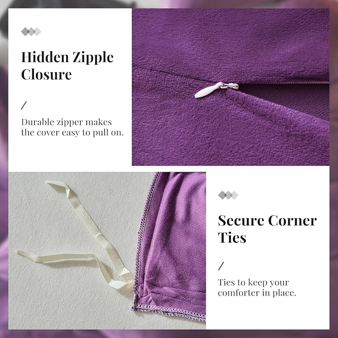 WARMDERN Purple Flanne Velvet Duvet Cover King Sizel Duvet Cover Bedding Sets, 3pcs Ultra Soft Luxury Textured Modern Crystal Velvet Duvet Covers with Zipper Closure(Purple, King)