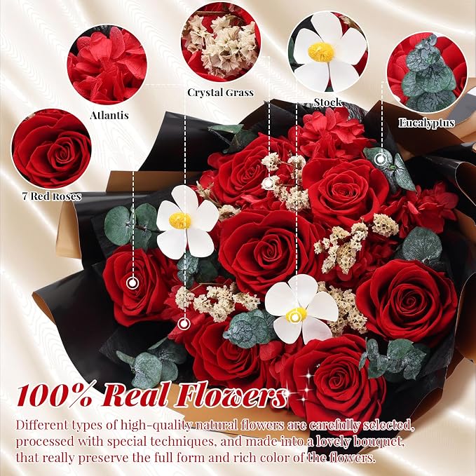 7 Preserved Red Rose Bouquet Eternal Flower Gift Set, Gift for her | Preserved Red Rose bouquet , Eternal flower Gift Set for her with romantic Girlfriend, Engagement, Mother’s, Birthday,