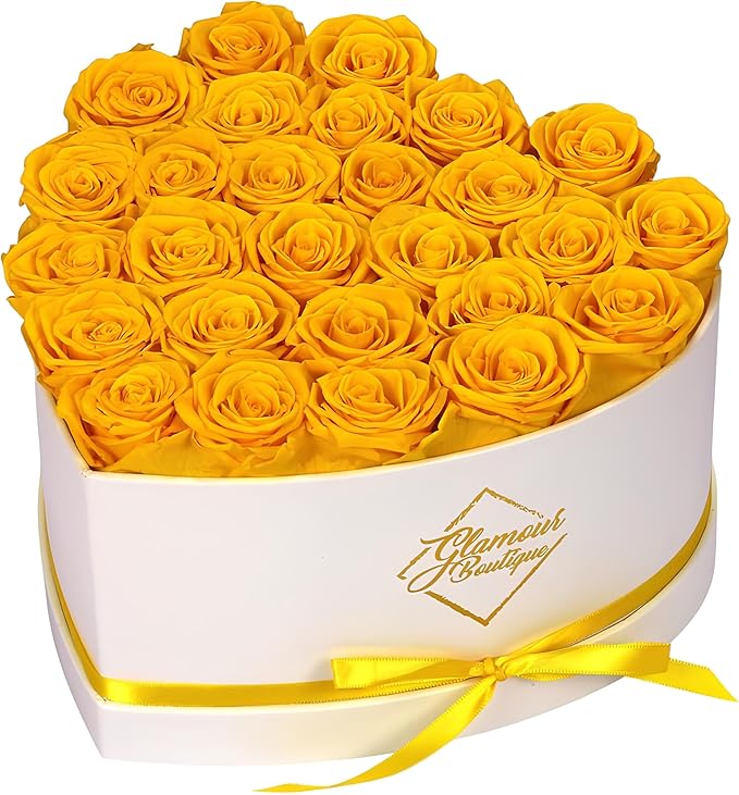 GLAMOUR BOUTIQUE Preserved Roses in a Box - Gifts for Her, Wife & Mom, Rose Flowers Forever Decor for Birthday Gift, Get Well Flower Bouquet Cased in White Box with Cover - Yellow - 27 (Color-Treated)
