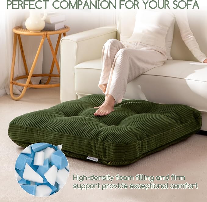 HIGOGOGO 35" Floor Pillow Cushion for Adults, Meditation Cushion Pillow, Extra Large Square Floor Sitting, Tufted Corduroy Cover for Tatami Living Room or Yoga, Dark Green