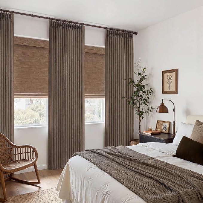 Linen Pleated Dark Brown Curtains 96 Inches Long for Sliding Glass Doors, Memory Trained Semi Sheer Drapes Light Filtering Non See Through Rustic Windows Curtain 2 Panels Set 8FT Length with Back Tab