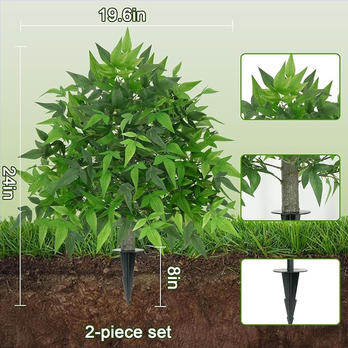 24" Artificial Bamboo Tree with Ground Spike Topiary Balls Artificial Outdoor Set of 2 Faux Boxwood Topiary Ball Trees for Front Porch UV Resistant Fake Bushes for Outdoors Garden Yard Patio Decor