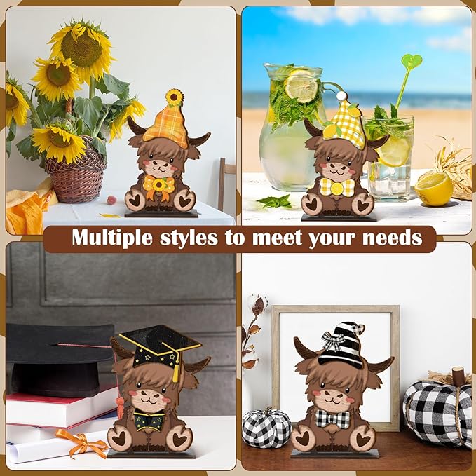 42 Pcs Interchangeable Highland Cow Graduation Gift Holiday Highland Cow Decor Seasonal Sign Farmhouse Rustic Wooden Desk Accessories Welcome Ornament Tiered Tray Decorations for Home Office