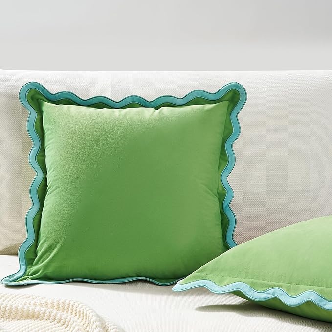 MONDAY MOOSE Decorative Throw Pillow Covers Cushion Cases, Set of 2 Soft Velvet Scalloped Wavy Edge Designs, Pillow Inserts Not Included (18x18 inch, Light Green/Light Blue)