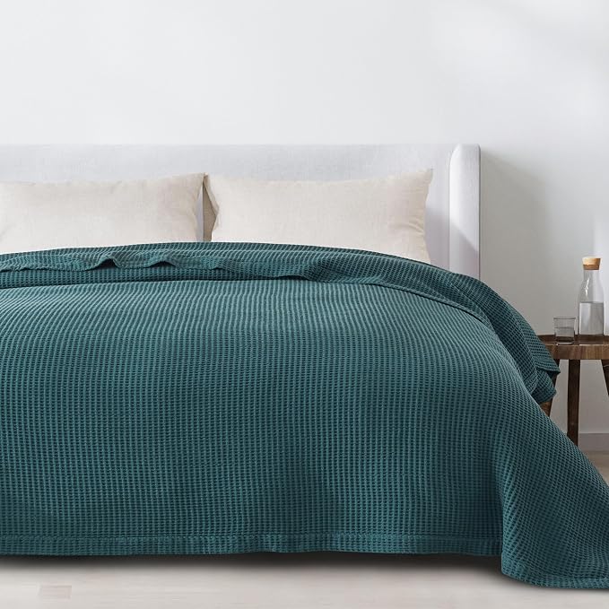 100% Cotton Blue Blanket Twin Size for Bed - Breathable and Soft, Waffle Weave for Summer Spring, 90x66 Inches (Peacock)