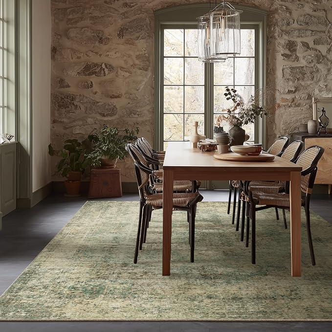Machine Washable Rugs for Living Room: 8x10 Area Rugs for Bedroom Ultra Soft Non-Slip Low Pile Vintage Distress Boho Large Carpet for High-Traffic Dining Room - Farmhouse Decor