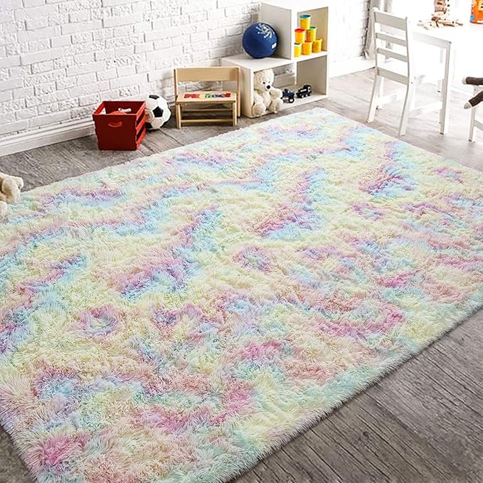 AROGAN 6x9 Feet Soft Rainbow Area Rugs for Girls Room, Fluffy Girls Bedroom Rugs, Princess Rug, Cute Colorful Carpet for Kids Teens Nursery Toddler, Pink