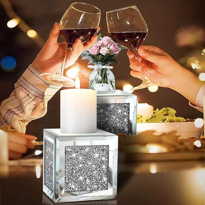 ZOLAPI Set of 2 Crystal Crush Diamond Candle Sconces, Gorgeous Silver Mirrored Wall Sconce, Candle Holder Glass Wall Decorations for Home Décor, Living Room, Dining Room. Floating Shelves