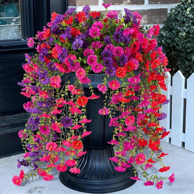Fake Artificial Hanging Morning Glory Flowers for Outdoor Planters Porch Pation Decoration,8 Bundles UV Resistant Silk Faux Flowers with Realistic Eucalyptus Plants for Home Office Garden Decor
