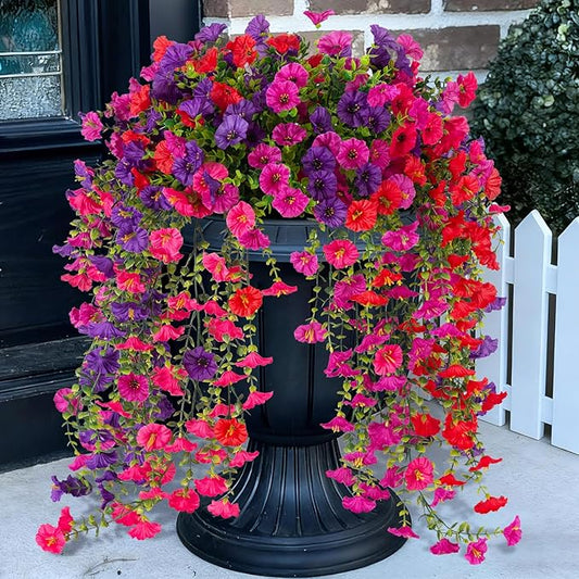 Fake Artificial Hanging Morning Glory Flowers for Outdoor Planters Porch Pation Decoration,8 Bundles UV Resistant Silk Faux Flowers with Realistic Eucalyptus Plants for Home Office Garden Decor