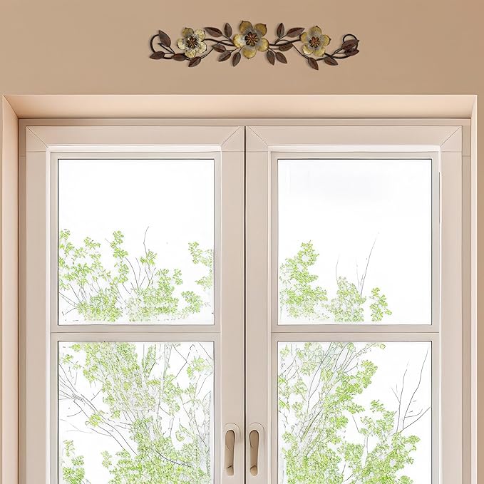 Wesiti Metal Flower Wall Decor Vintage Spring Metal Flower Wrought Iron Scroll Sculpture 15.7''x3.7'' Farmhouse Leaf Wall Decor with Nails for Spring Living Room Bedroom Indoor Outdoor(Gold)