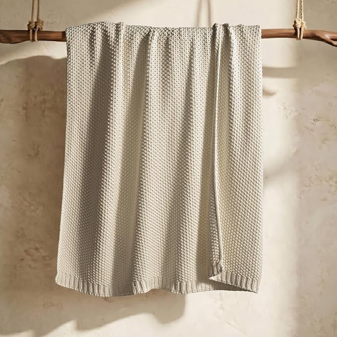 EverGrace Organic Cotton Chunky Knit Throw Blanket, 50 x 60 Birch | OCS Certified Organic Cotton, Seed Stitch Knit, Soft & Breathable, Cozy Midweight, Decorative Throw for Couch, Bed & Sofa