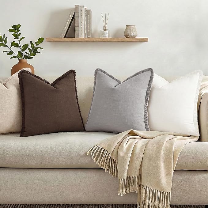 decorUhome Summer Decorative Neutral Linen Fringe Euro Sham Throw Pillow Covers Set of 2 Light Grey Pillow Covers with Tassels Soft Farmhouse Boho Accent Pillow Cases for Couch Bed Sofa 26x26 Inch