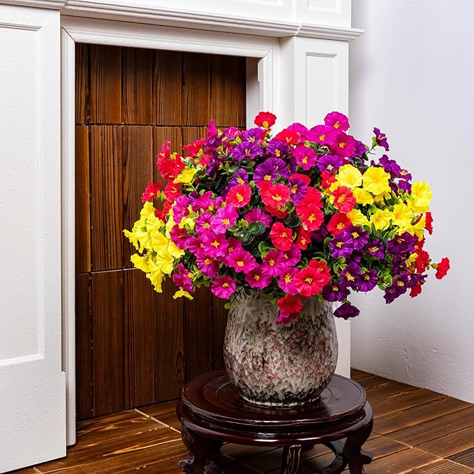 Nigirior Artificial Faux Flowers for Outdoor 16 Bundles Boxwood Fake Morning Glory for Planter,UV Resistant Fake Flowers for Home Porch Patio Outside（4 Color）
