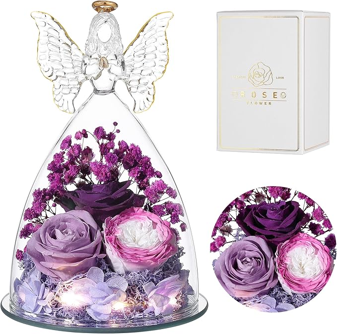 Mothers Day Rose Gifts for Women Preserved Real Flower in Glass Angel Figurines Roses for Delivery Prime Birthday Gifts for Mom Grandma Girlfriend Wife Her, Colorful Purple