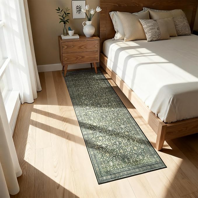 Lofus 2'6"x10' Area Rug for Hallways,Green Washable Runner Rugs with Non Slip Rubber Backing, Low Pile Soft Carpet Runner for Kitchen Bathroom Bedroom Laundry
