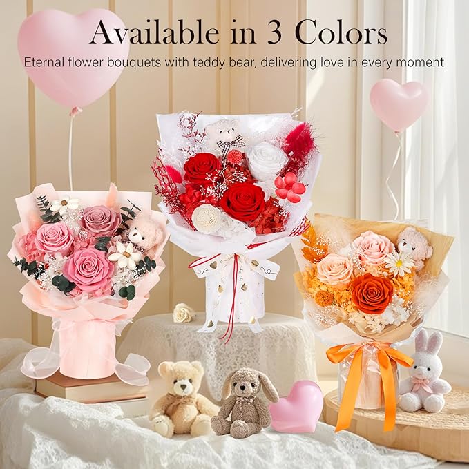 Preserved Flowers Bouquet with Bear, 3 Real Forever Flowers for Delivery, Long-Lasting Red Eteranl Roses Bouquet, Mothers Day Gifts for Mom Grandma, Anniversary Birthday Gifts for Women Girlfriend