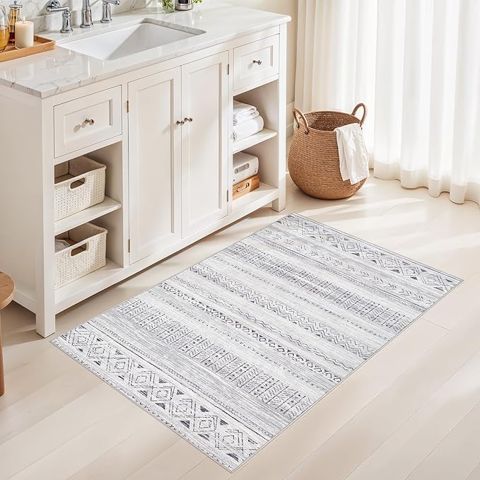 cotiled 3x5 Area Rug Living Room: Washable Boho Rugs with Non Slip Backing Small Soft Indoor Stain Resistant Carpet for Bedroom Farmhouse Dining Room Lightweight Home Decor Dark Grey