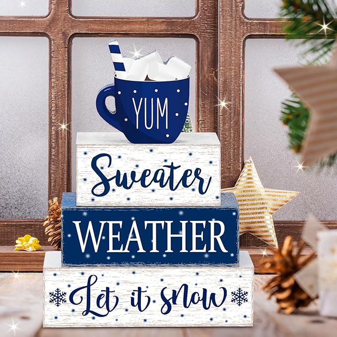 Marsui 4 Pcs Winter Wooden Tabletop Let It Snow Tiered Tray Decor Snowflakes Decorative Wood Block Sign Gift Farmhouse Christmas Table Centerpiece for Home Indoor Holiday