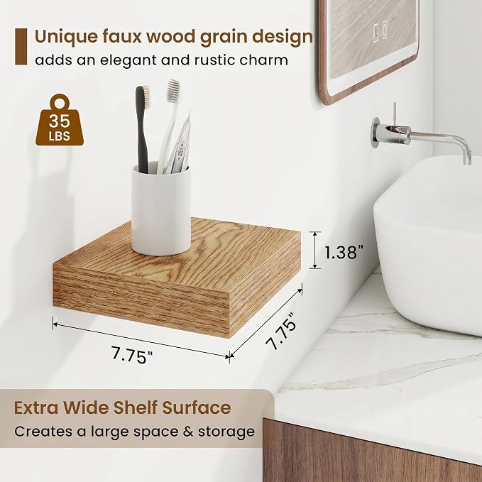 Marsmiles Square Floating Shelves for Wall, 8" W x 8" D x 1.25" H, 3 Pack Small Wall Mounted Engineered Wood Shelves with Invisible Brackets for Living Room, Bedroom, Bathroom, Kitchen Decor,Cedar