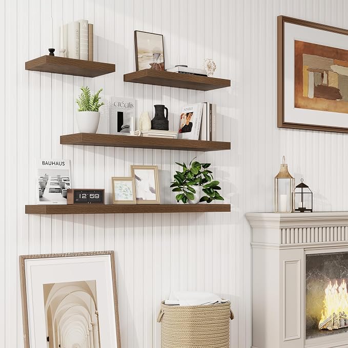 32in Floating Shelves for Wall, 32"W x 9.25"D x 1.25"H, 2 Pack Long Wall Mounted Engineered Wood Shelves with Invisible Brackets for Living Room, Bedroom, Bathroom, Kitchen Decor and Storage, Walnut