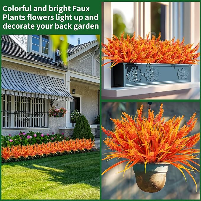 Nigirior Artificial Fall Flowers for Outdoor Plants 24 Bundles Fake Lavender Plastic Faux Monkey Grass for Verandah Window Garden Office Patio Front Porch UV Resistant for Planter(Autumn Red)