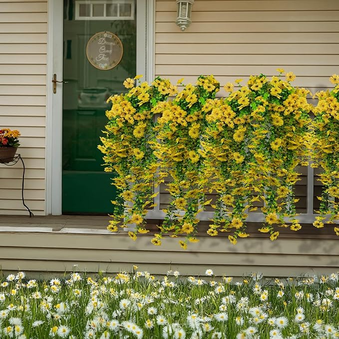 LikSoor 4 Pcs Artificial Outdoor Hanging Plants Spring Summer Decoration UV Resistant Faux Silk Flowers for Outside, Garden, Porch, Window, Home Decor (Yellow)