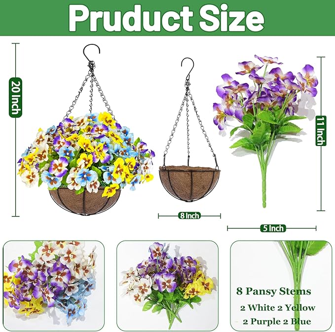 Artificial Hanging Flowers Plants Basket Outdoor Outside Decoration, Pansies UV Resistant Waterproof Colorful Silk Flowers Fake Hanging Planters for Porch Patio Balcony Yard Home Decor