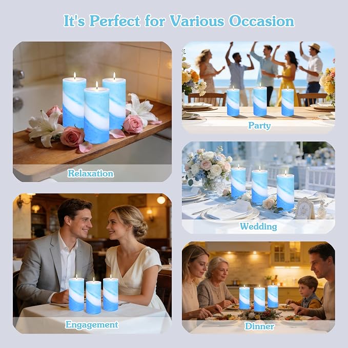 Ocean Scented Pillar Candles, Blue and White Striped Candles, 3x6 Inch, 100% Cotton Core Paraffin Wax Candles, Handmade Aromatherapy Candles Decorative for Gift & Home Decor, Set of 3