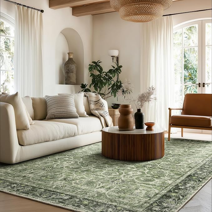 Washable Rugs for Living Room: 5x7 Area Rugs for Bedroom Ultra Soft Non-Slip Stain Resistant Vintage Boho Large Carpet for High-Traffic Dining Room - Farmhouse Decor
