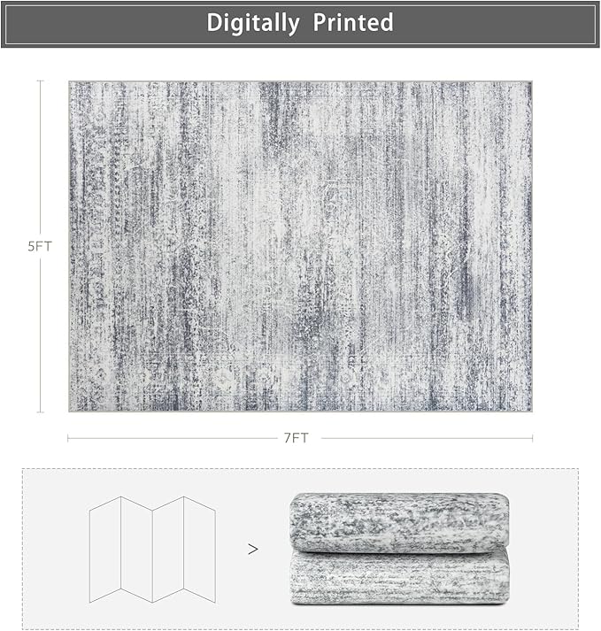 Srugn Washable Rugs 5x7 Area Rugs for Living Room,Rugs for Bedroom,Large Carpets,Ultra Soft Faux Wool Retro Dining Room Rug,Non Slip&Non-Shedding Low Pile Vintage Print Rug for Home Office-Grey Cream