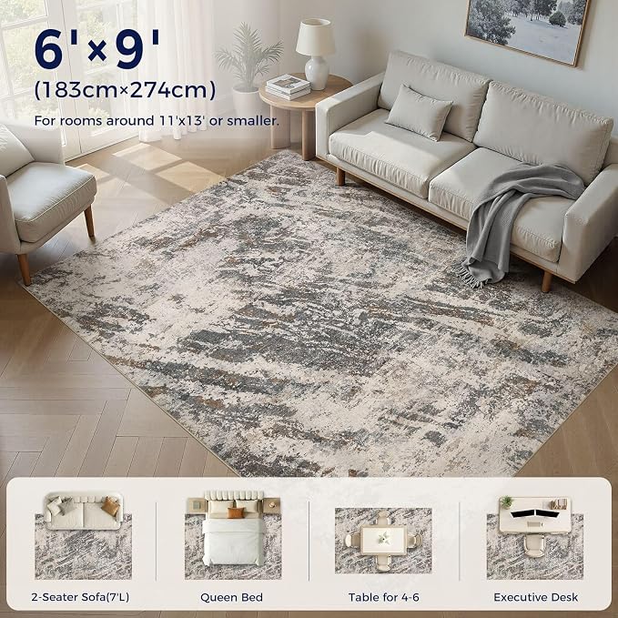 DMOYEST Area Rug Living Room Rugs - 6x9 Large Soft Indoor Neutral Modern Abstract Low Pile Washable Rug Carpet for Bedroom Dining Room Farmhouse Home Office-Dark Brown/Grey