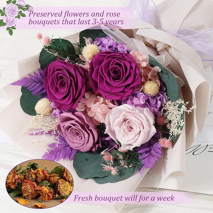 Preserved Flowers Bouquet 4 Roses with Vase,Flowers for Delivery Prime That Last 3-5 Years Real Forever Flowers Rose Bouquet for Mom Mother Women Wife Friends Birthday Mother's Day